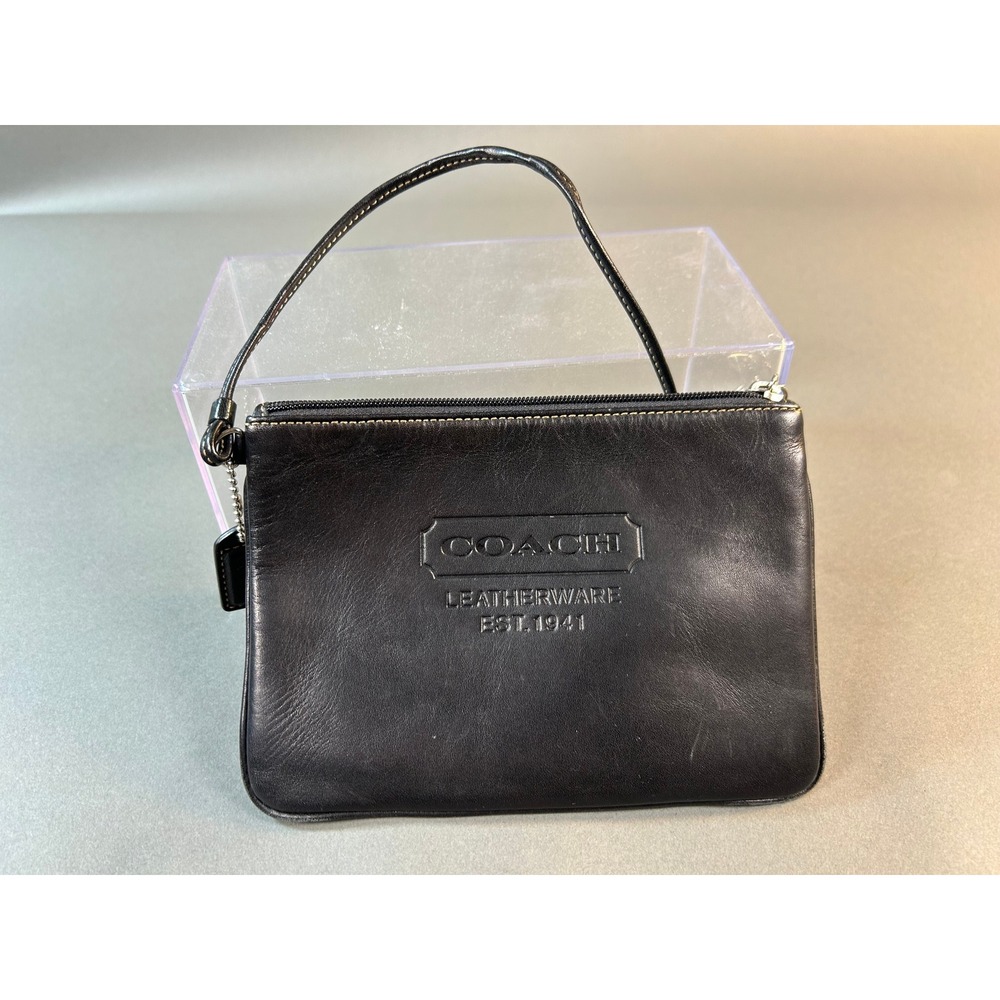 Coach Leatherware Est 1941 Black Leather Wristlet Pouch Embossed Logo 8x5